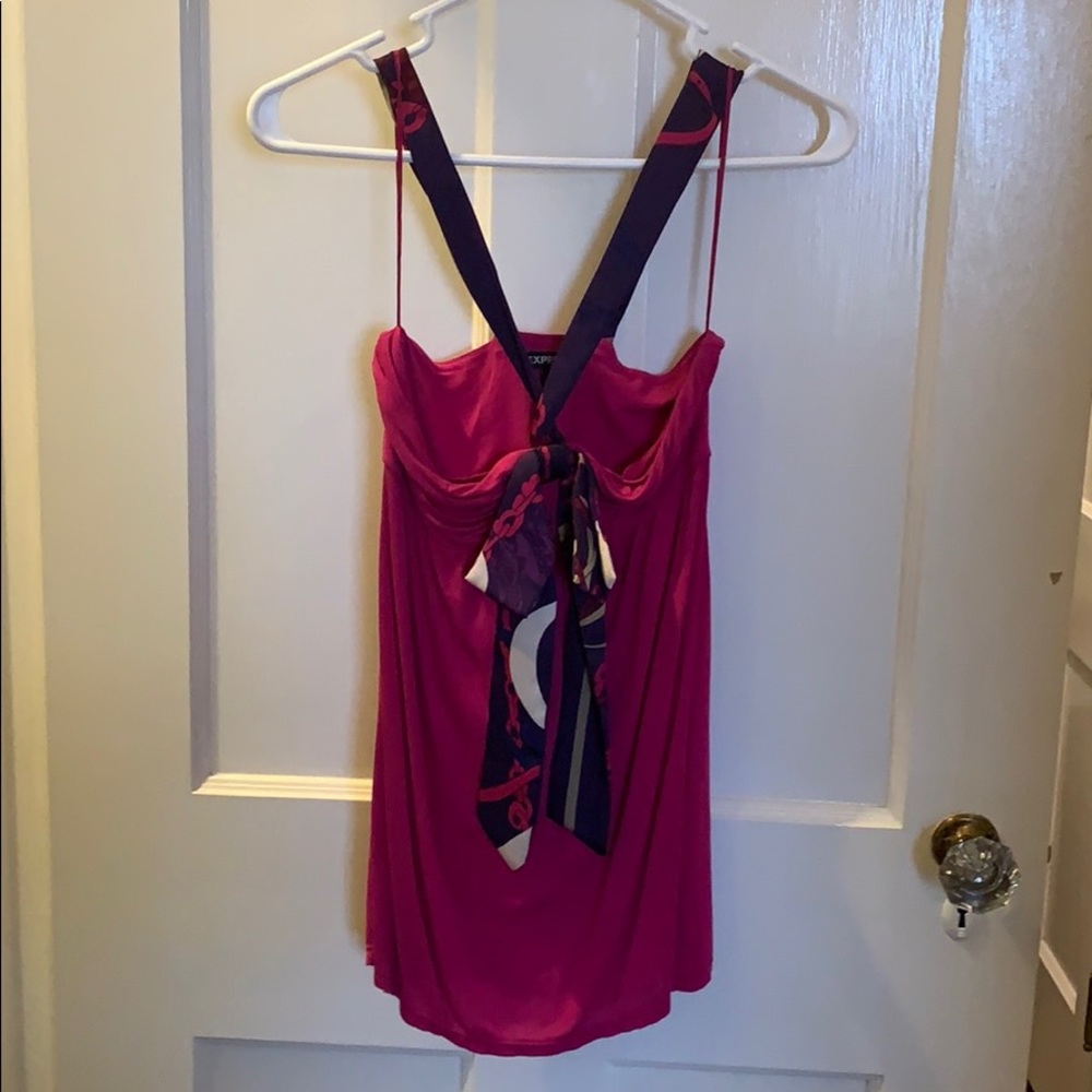 Fuchsia and purple tank with scarf detail.